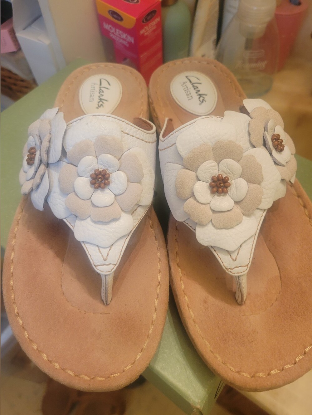 Clarks Artisan Latin White and Taupe Floral Leather Thong Sandals
